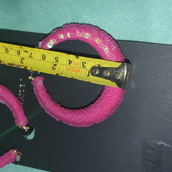 Pink Sequined Hoop Earrings | 2.5" Statement Hoops new - Picture 4 of 6